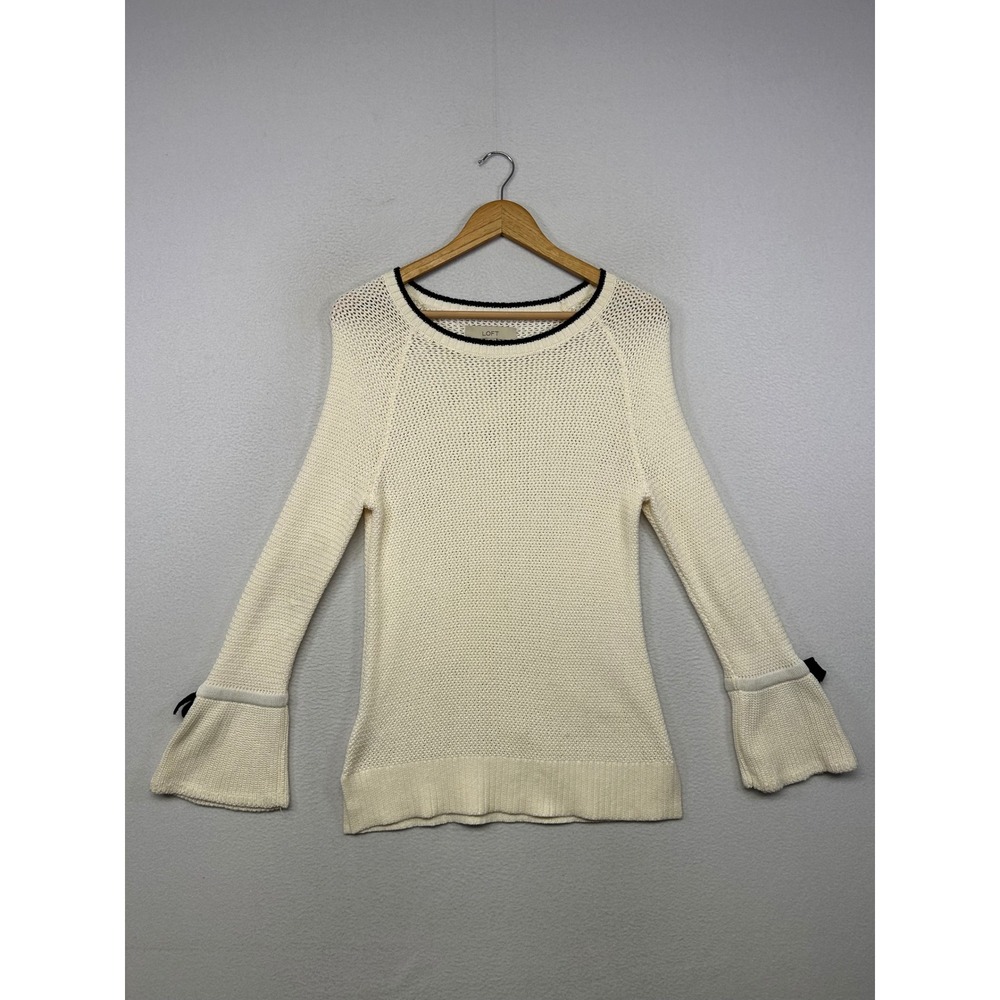 Coquette Loft Women S Cream Bell Sleeve Bow Accent Open Knit Cotton Sweater